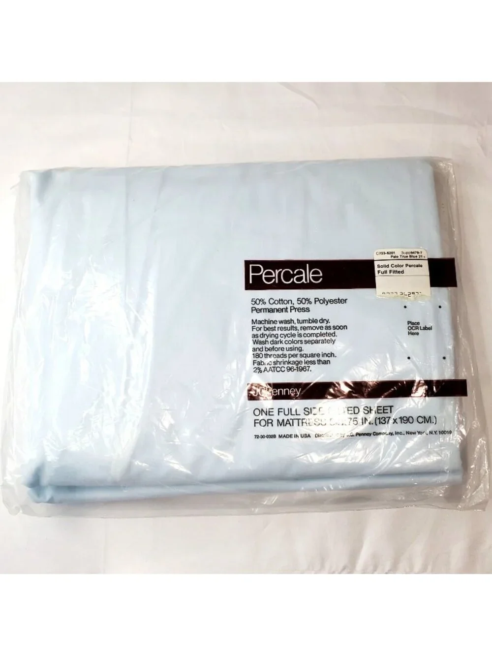 VTG JC Penney Percale Full Size Fitted Sheet Pale Blue 180 Thread Count USA